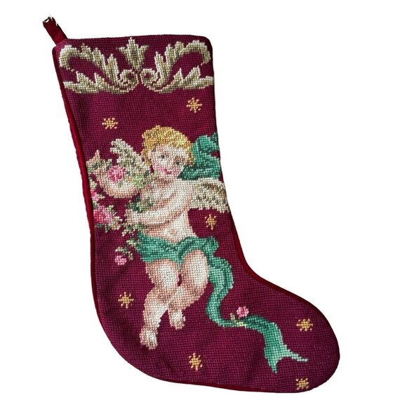 VTG 1991 100% Wool Needlepoint Embroidered Angel Cherub Stocking Christmas Décor - Picture 1 of 10